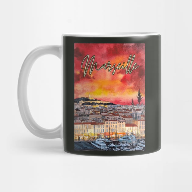 Marseille - Crimson Sunset Cityscape - Watercolor Souvenir by TuncGK